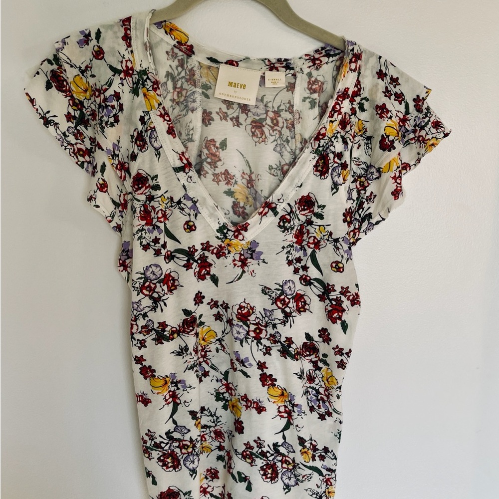 Maeve by Anthropologie, Floral Raw Edge, Modal, Flutter Sleeve, XS
